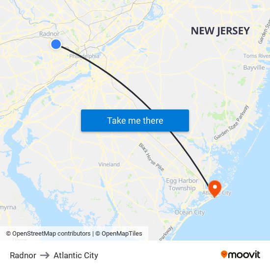 Radnor to Atlantic City map