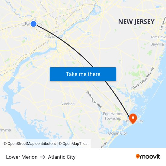Lower Merion to Atlantic City map