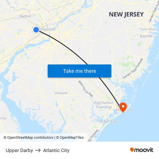 Upper Darby to Atlantic City map