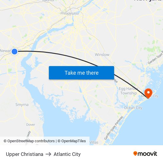 Upper Christiana to Atlantic City map