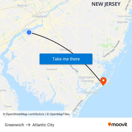 Greenwich to Atlantic City map