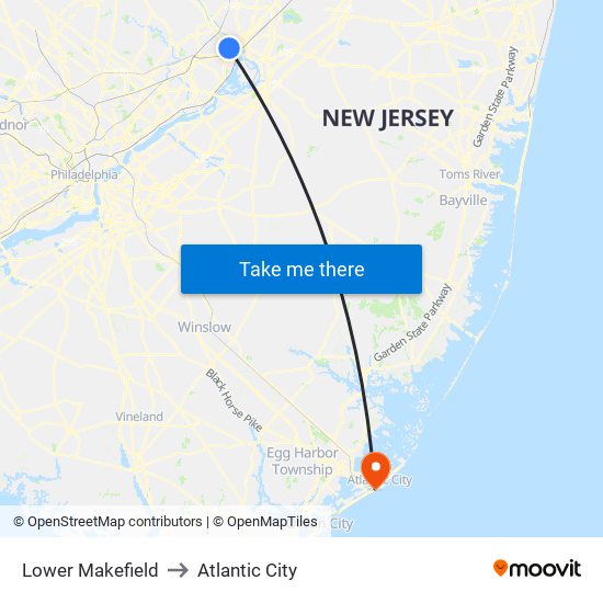 Lower Makefield to Atlantic City map