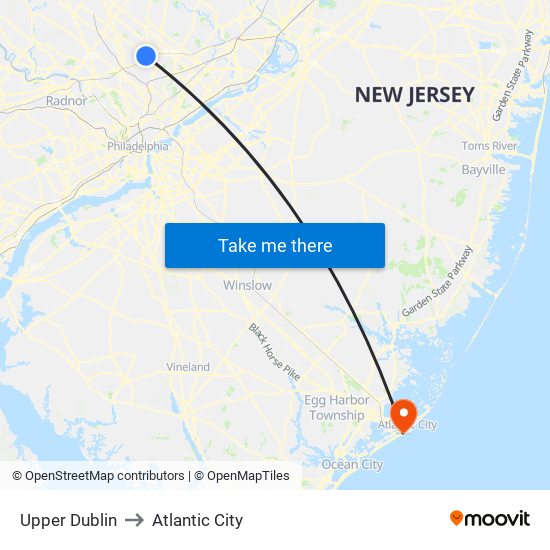 Upper Dublin to Atlantic City map