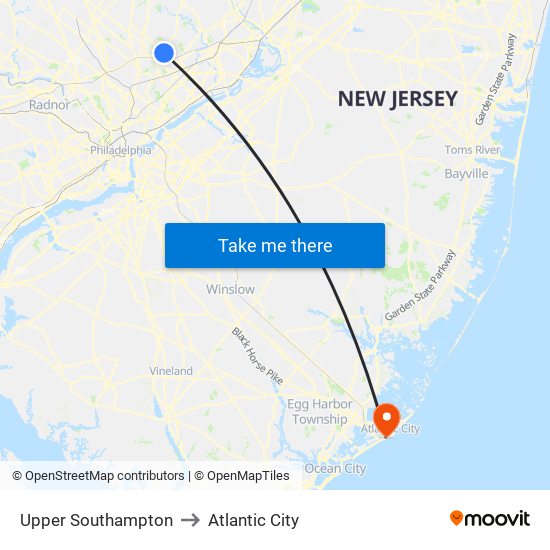 Upper Southampton to Atlantic City map
