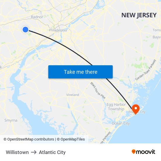 Willistown to Atlantic City map