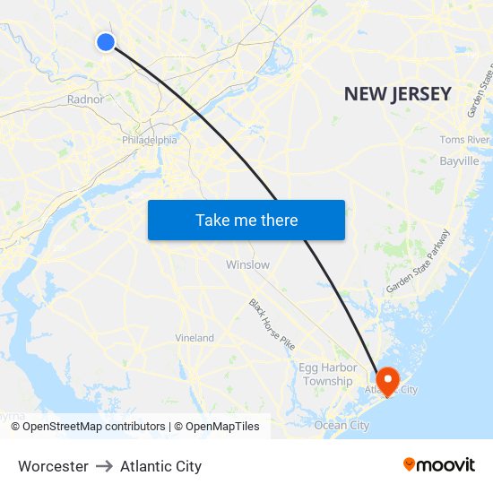 Worcester to Atlantic City map