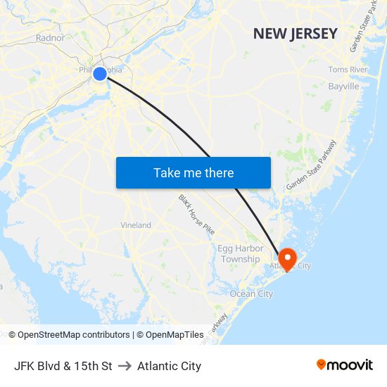 JFK Blvd & 15th St to Atlantic City map