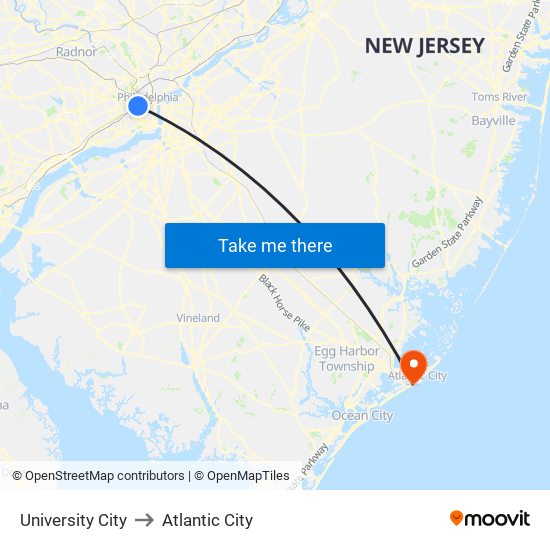 University City to Atlantic City map