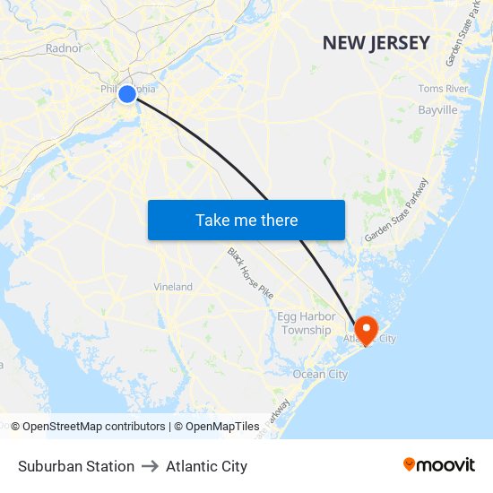 Suburban Station to Atlantic City map