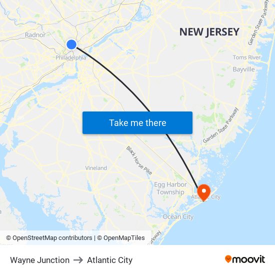 Wayne Junction to Atlantic City map