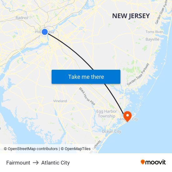 Fairmount to Atlantic City map
