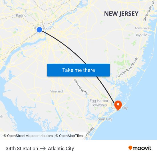 34th St Station to Atlantic City map