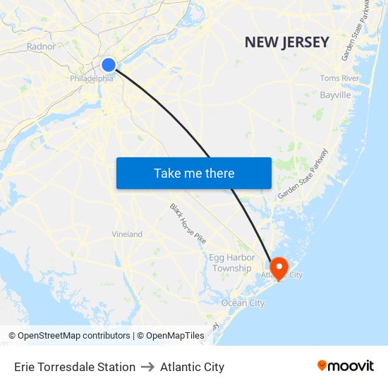Erie Torresdale Station to Atlantic City map