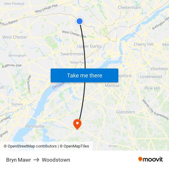 Bryn Mawr to Woodstown map