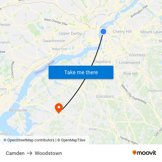 Camden to Woodstown map