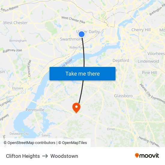 Clifton Heights to Woodstown map