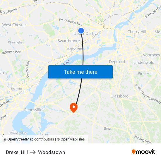 Drexel Hill to Woodstown map