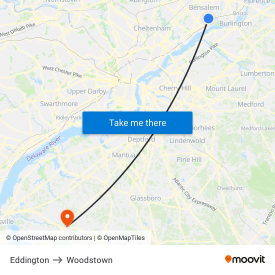 Eddington to Woodstown map