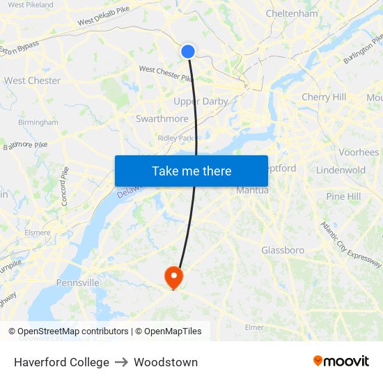 Haverford College to Woodstown map