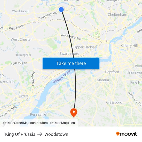 King Of Prussia to Woodstown map