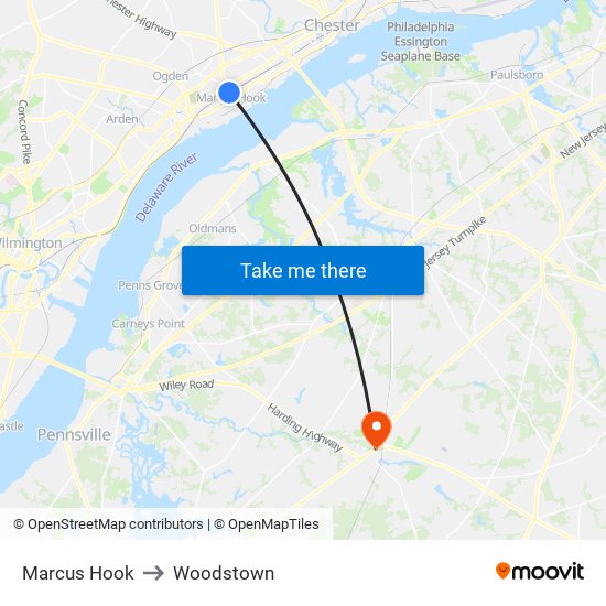 Marcus Hook to Woodstown map