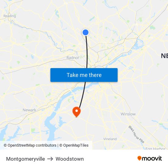 Montgomeryville to Woodstown map