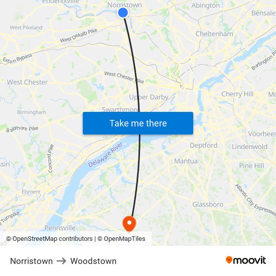 Norristown to Woodstown map