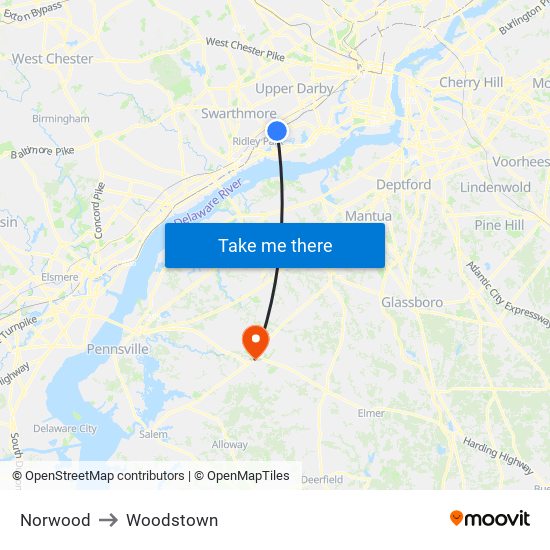 Norwood to Woodstown map