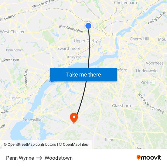 Penn Wynne to Woodstown map