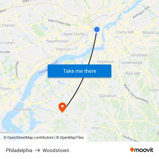 Philadelphia to Woodstown map