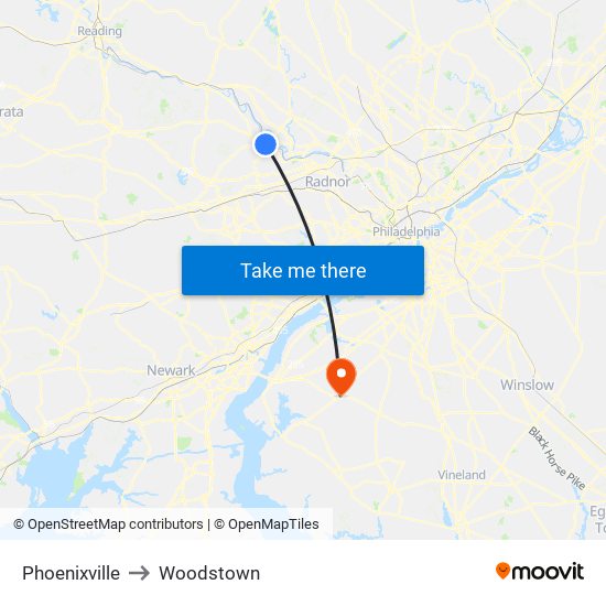 Phoenixville to Woodstown map