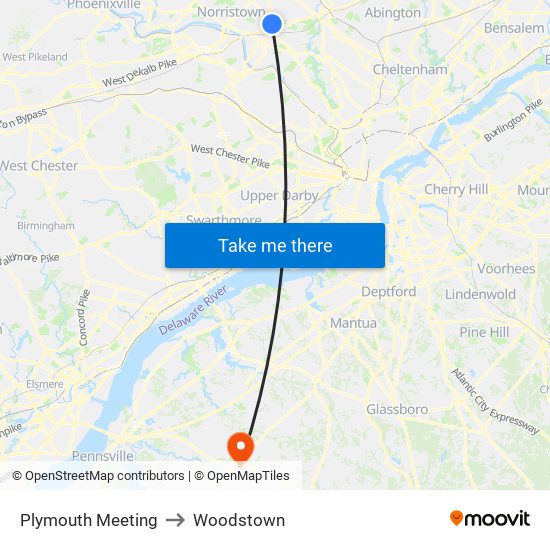Plymouth Meeting to Woodstown map
