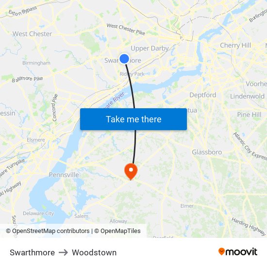 Swarthmore to Woodstown map