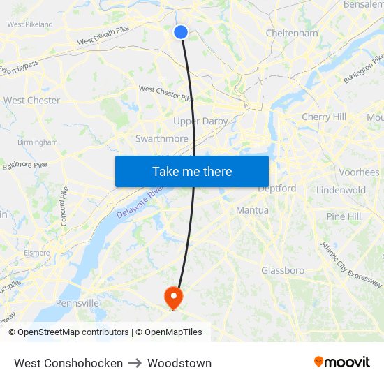 West Conshohocken to Woodstown map