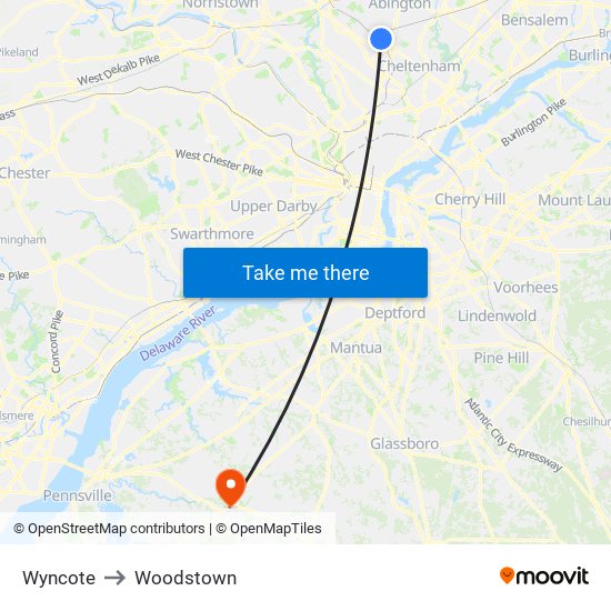 Wyncote to Woodstown map