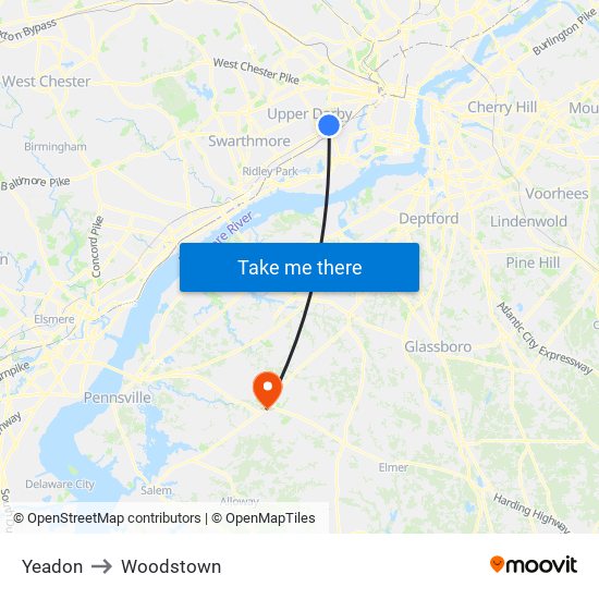 Yeadon to Woodstown map