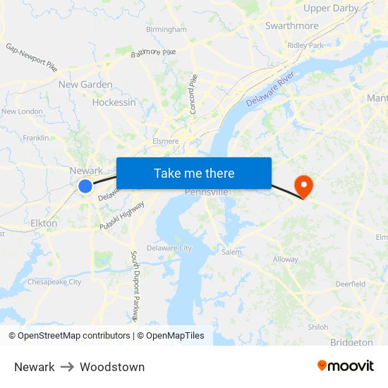 Newark to Woodstown map