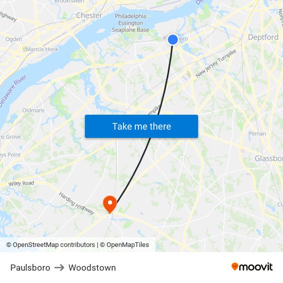 Paulsboro to Woodstown map