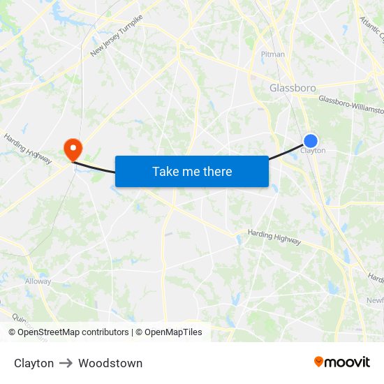 Clayton to Woodstown map