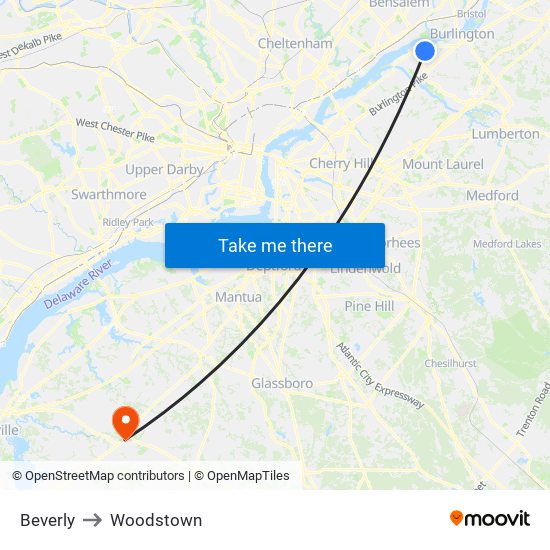 Beverly to Woodstown map