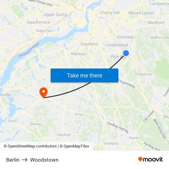 Berlin to Woodstown map