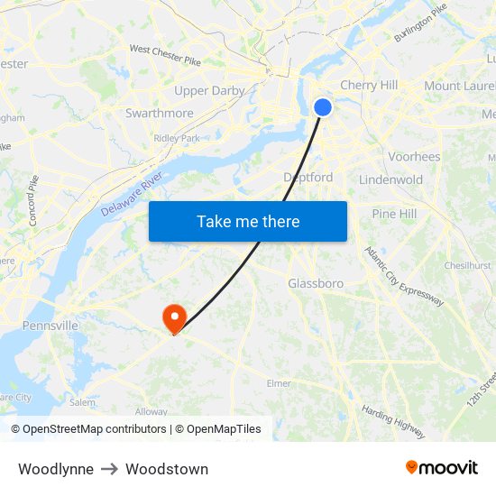 Woodlynne to Woodstown map