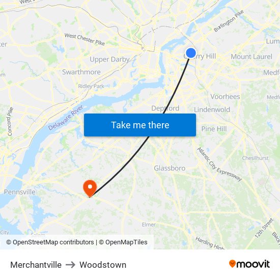 Merchantville to Woodstown map