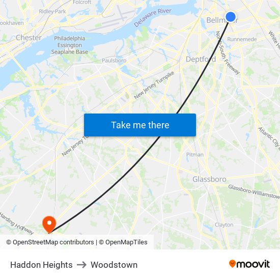 Haddon Heights to Woodstown map