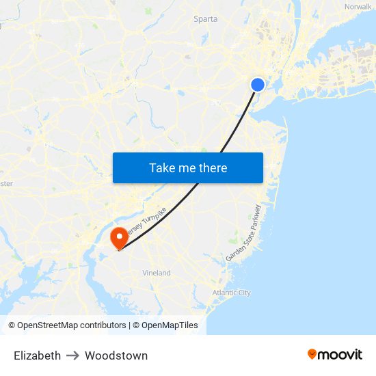 Elizabeth to Woodstown map