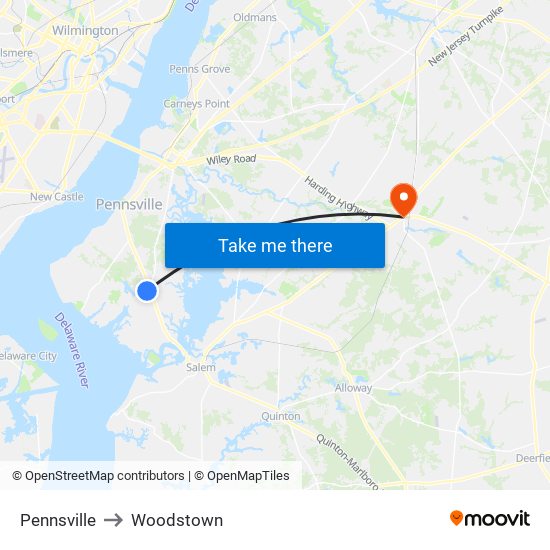 Pennsville to Woodstown map