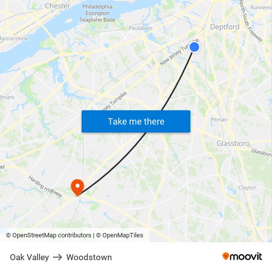 Oak Valley to Woodstown map