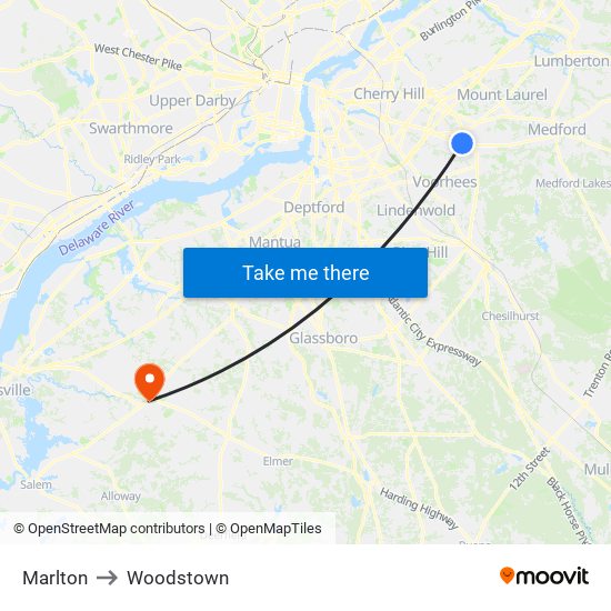 Marlton to Woodstown map