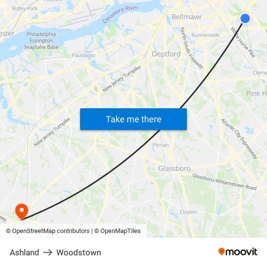 Ashland to Woodstown map