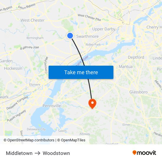 Middletown to Woodstown map